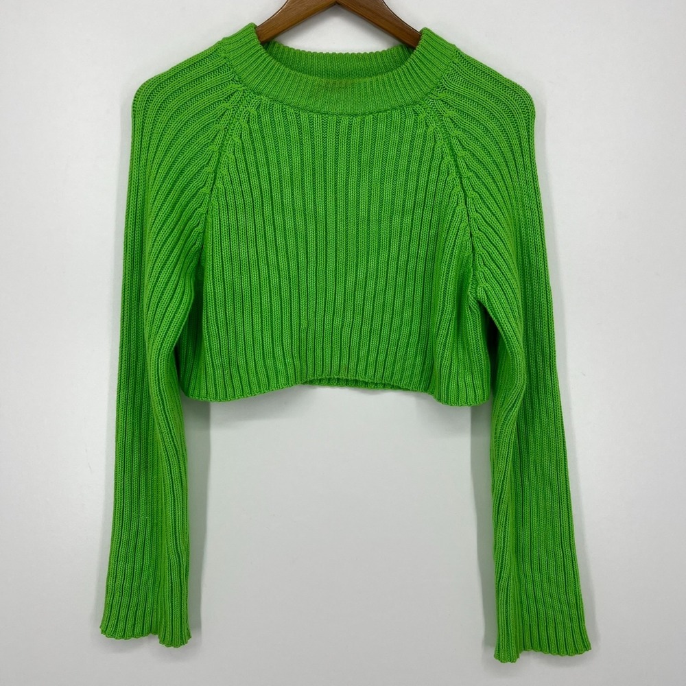 Zara Sweater Women's Size S Green Cropped Round Neck Pullover Solid